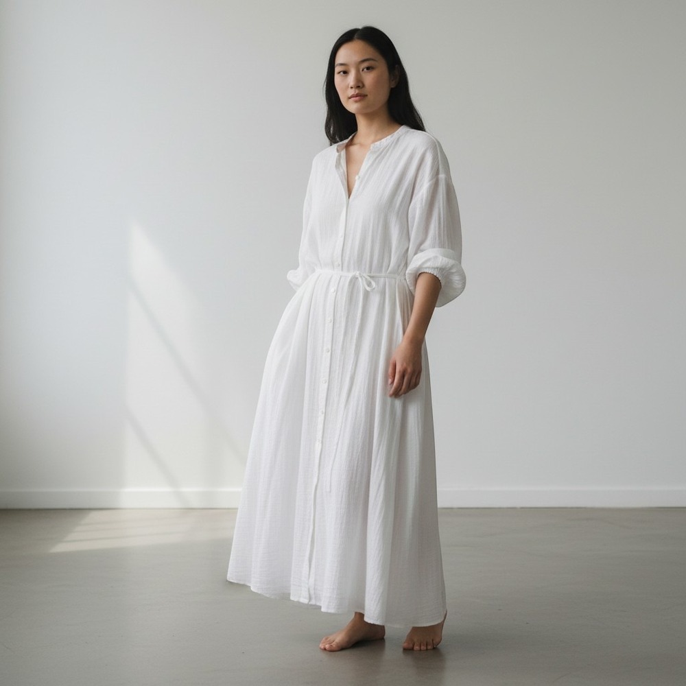 White Cotton Gauze Button Front Maxi Dress Long Sleeve Belted Shirt Dress